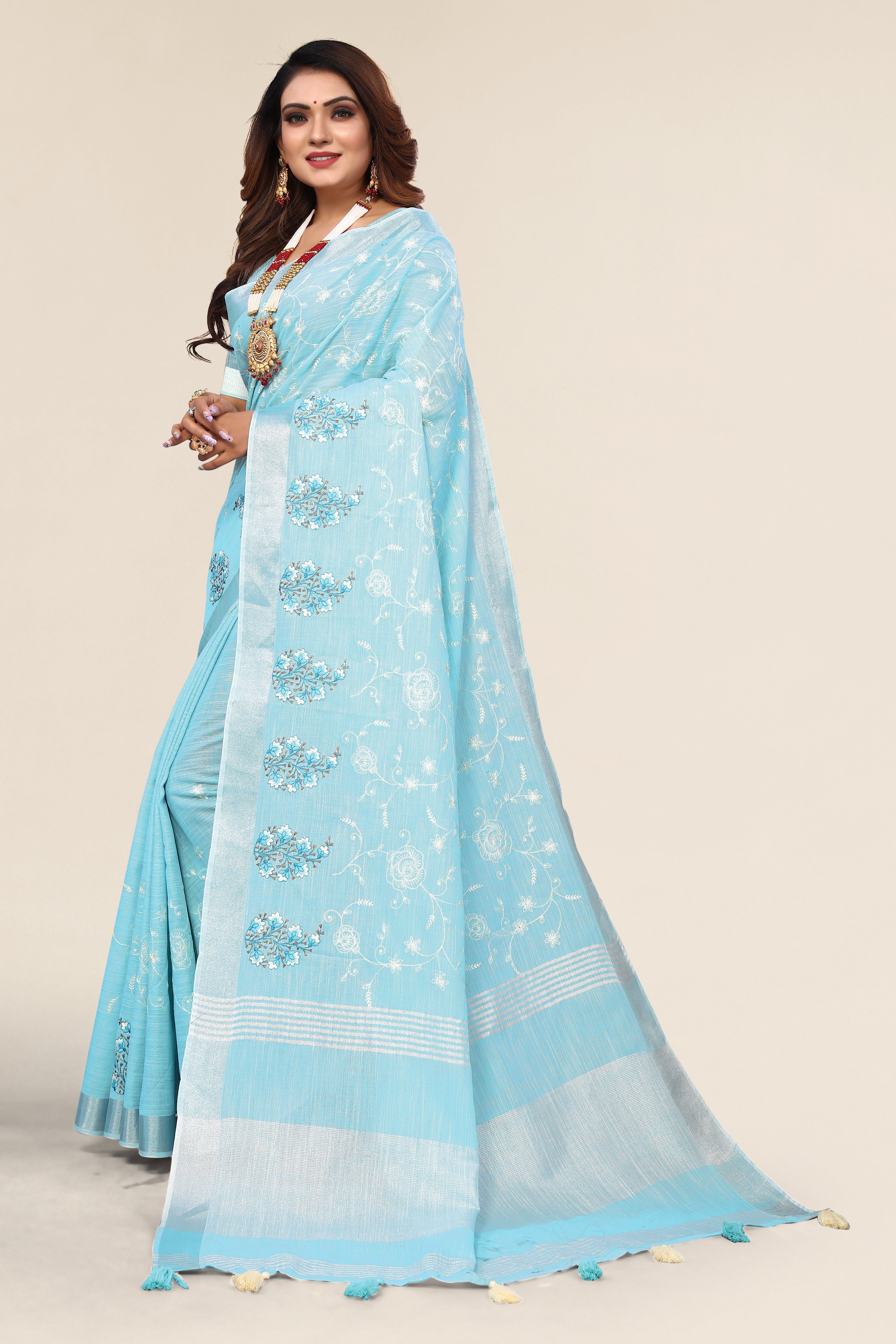 Sky Blue Lightweight Embroidered Linen Cotton Saree For Women