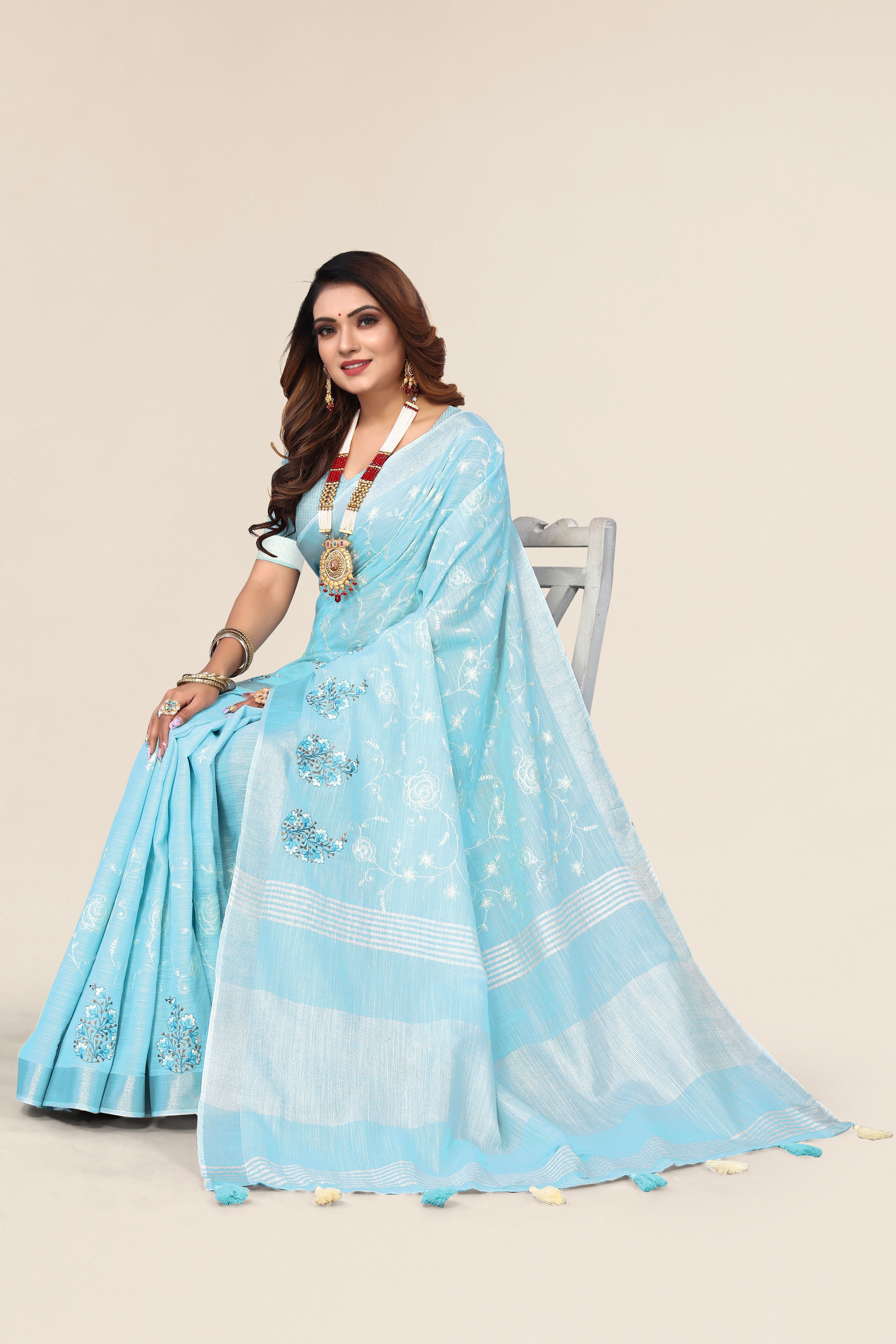 Sky Blue Linen Cotton Embroidery Saree