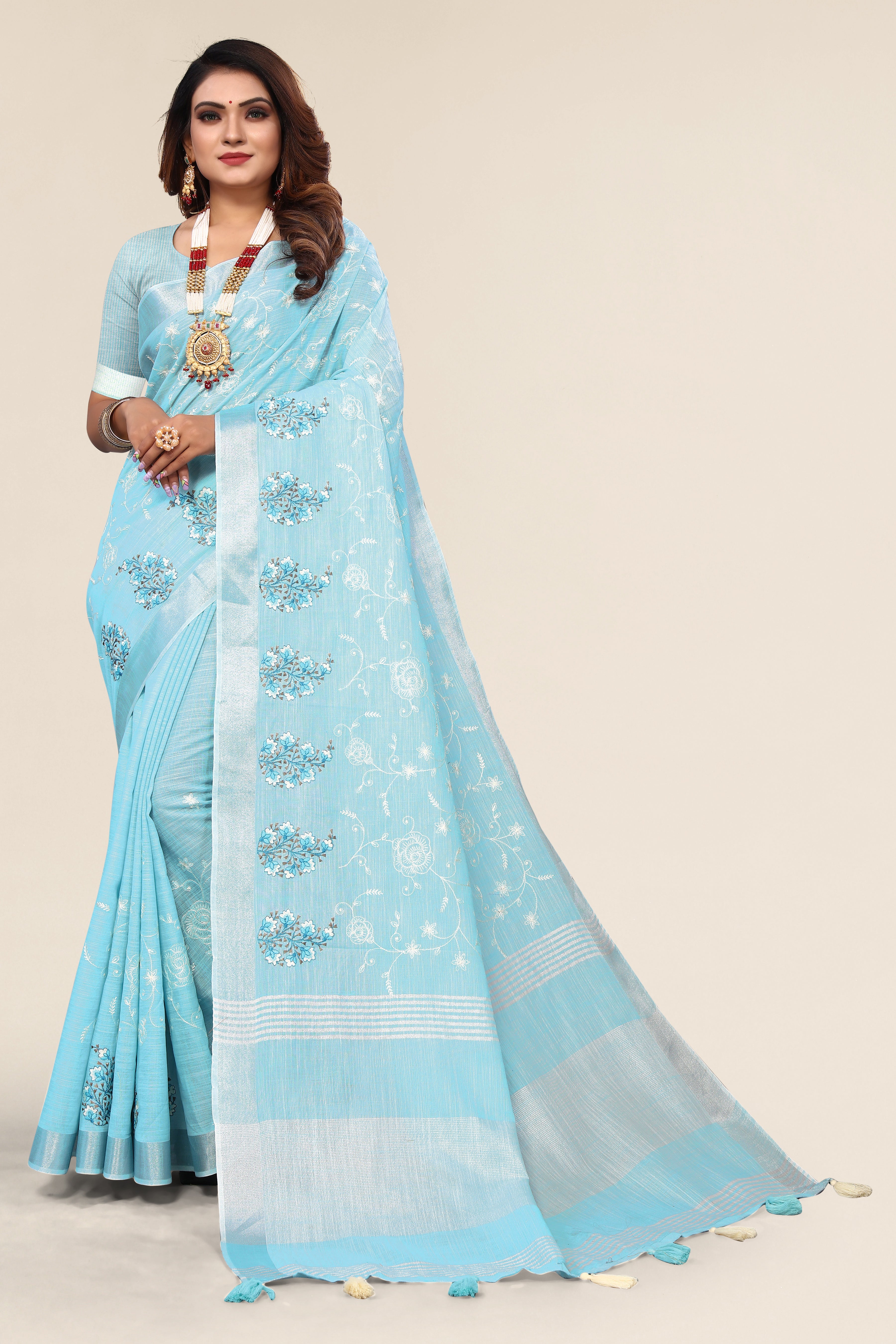 Sky blue linen cotton saree with embroidery work