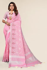 Baby Pink Linen Cotton Embroidery Saree