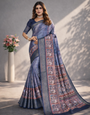 Indigo Blue Dola Silk Kalamkari Printed saree