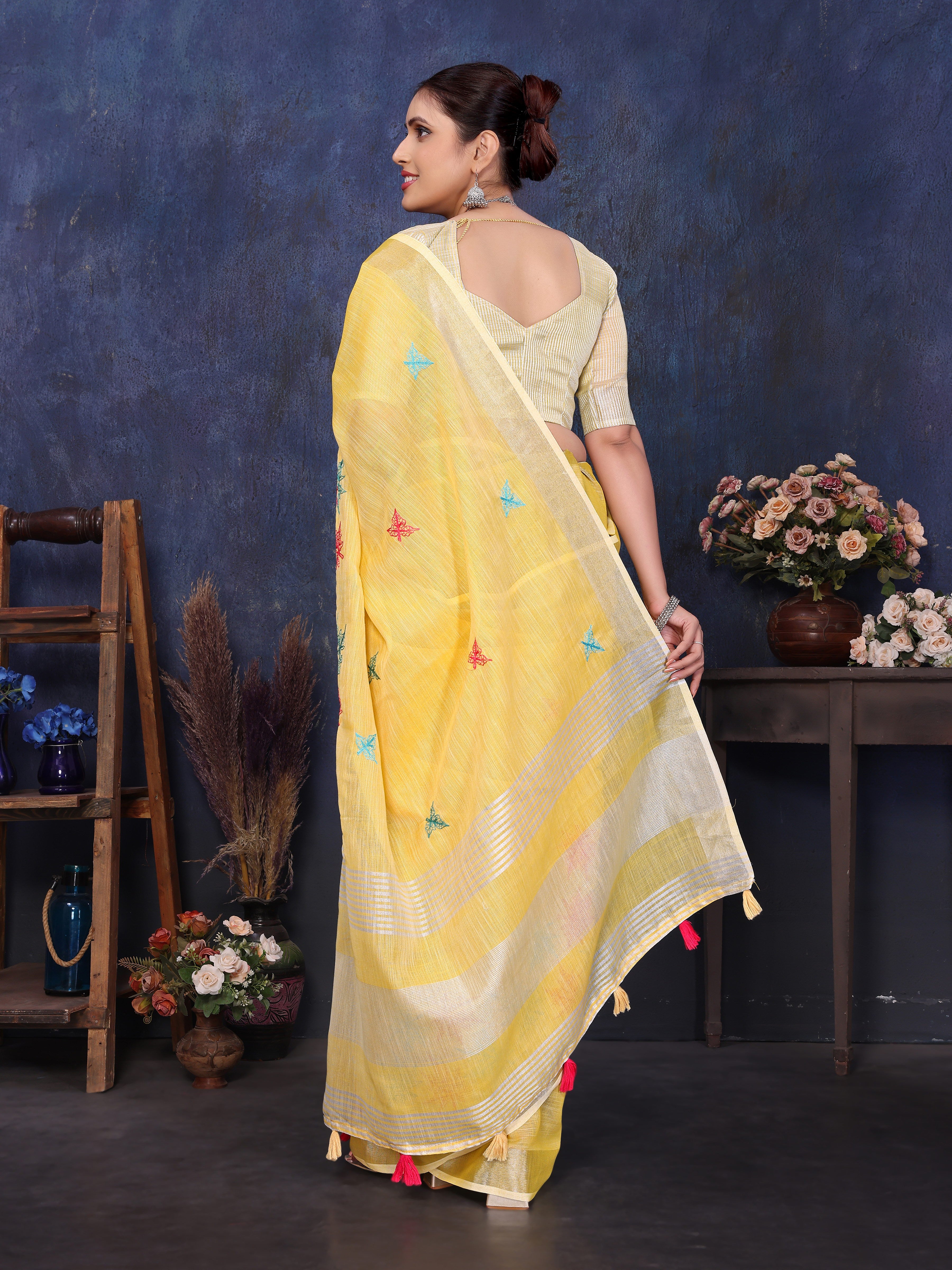 Traditional embroidery work saree in linen fabric back side look