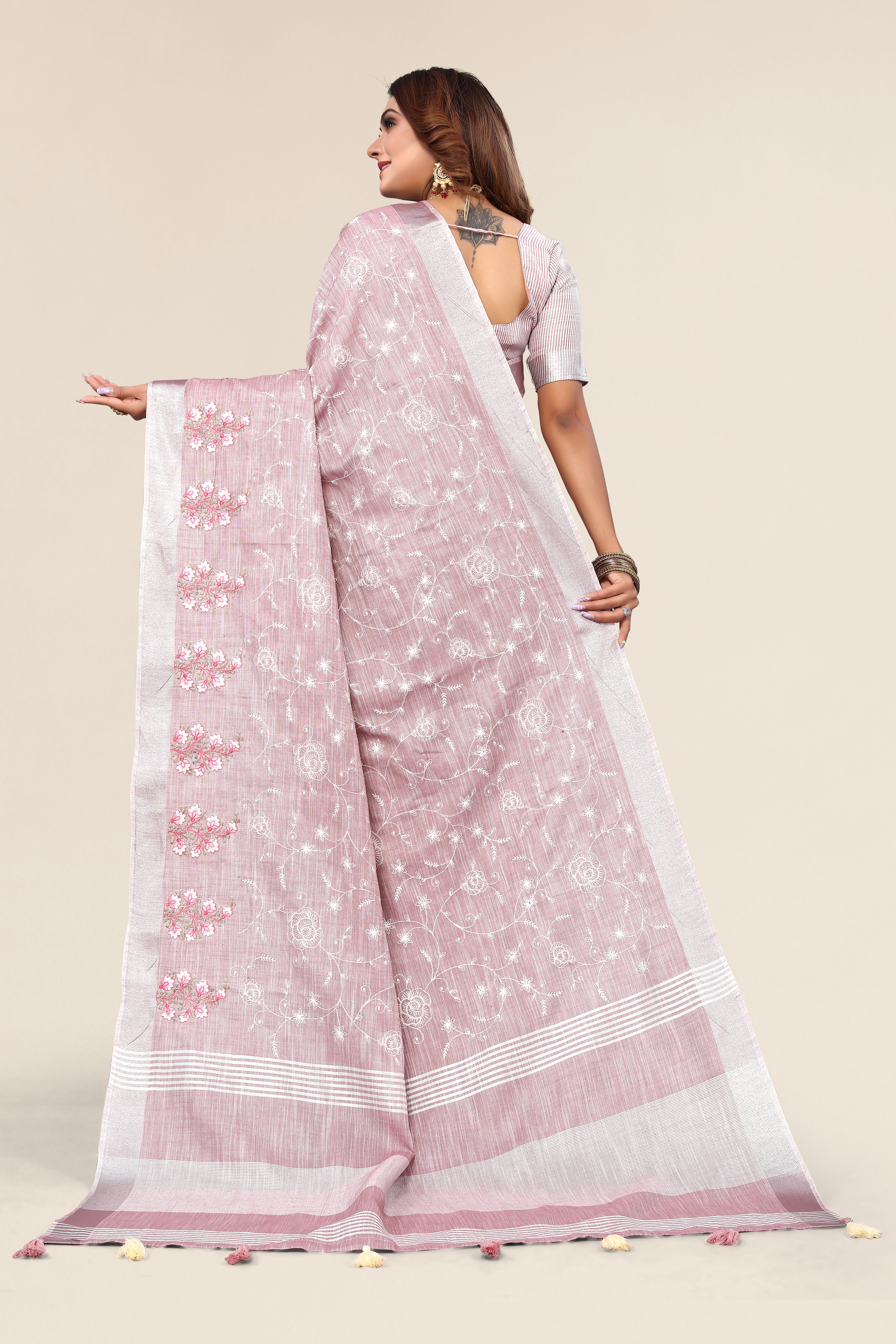 Traditional linen cotton saree with tassel design
