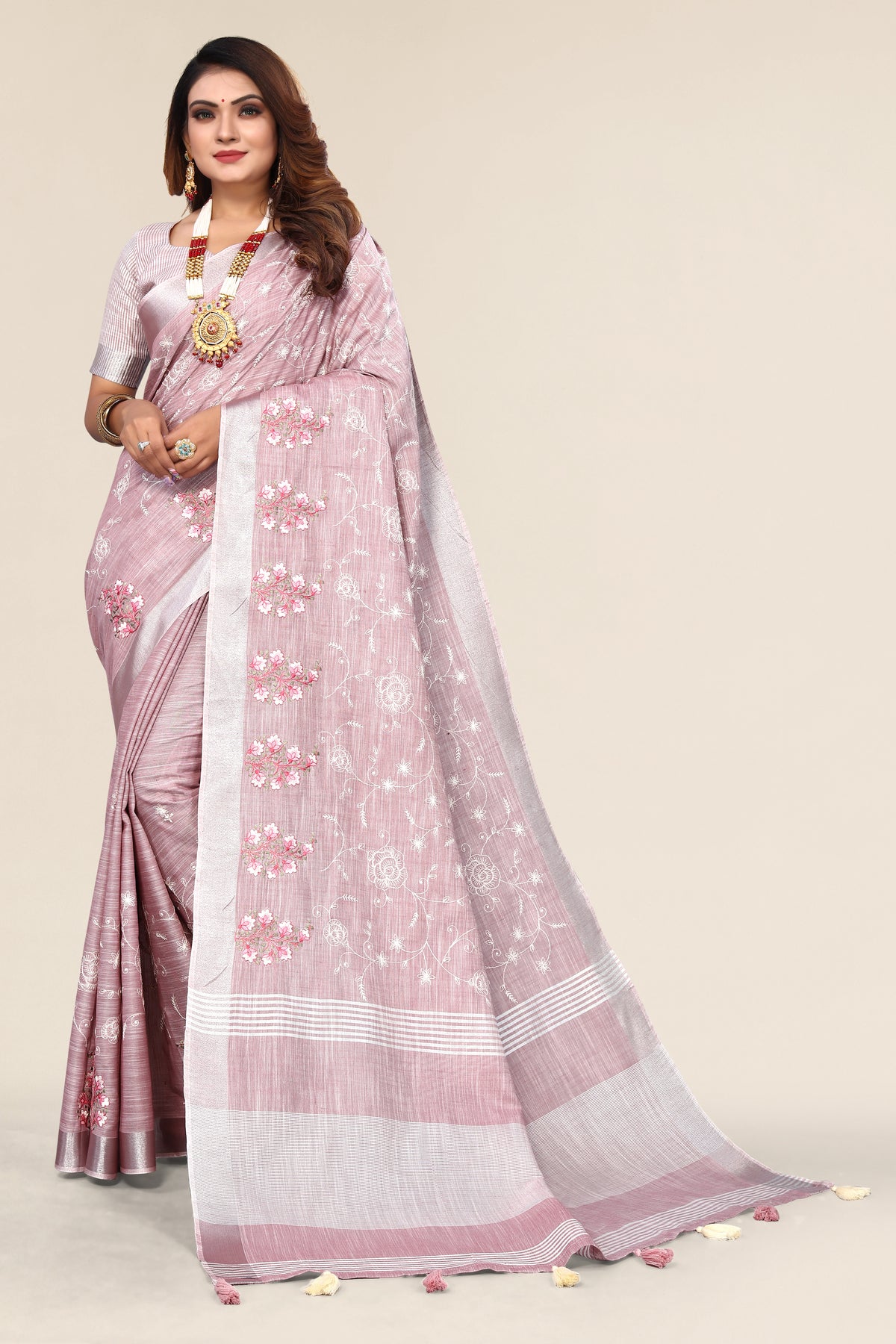 Dark Pink Linen Cotton Embroidery Saree