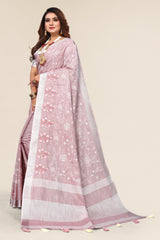 Dark Pink Linen Cotton Embroidery Saree