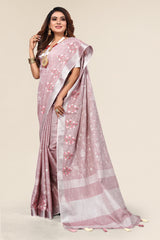 Dark Pink Linen Cotton Embroidery Saree