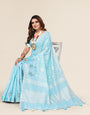 Sky Blue Linen Cotton Embroidery Saree