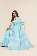 Sky Blue Linen Cotton Embroidery Saree