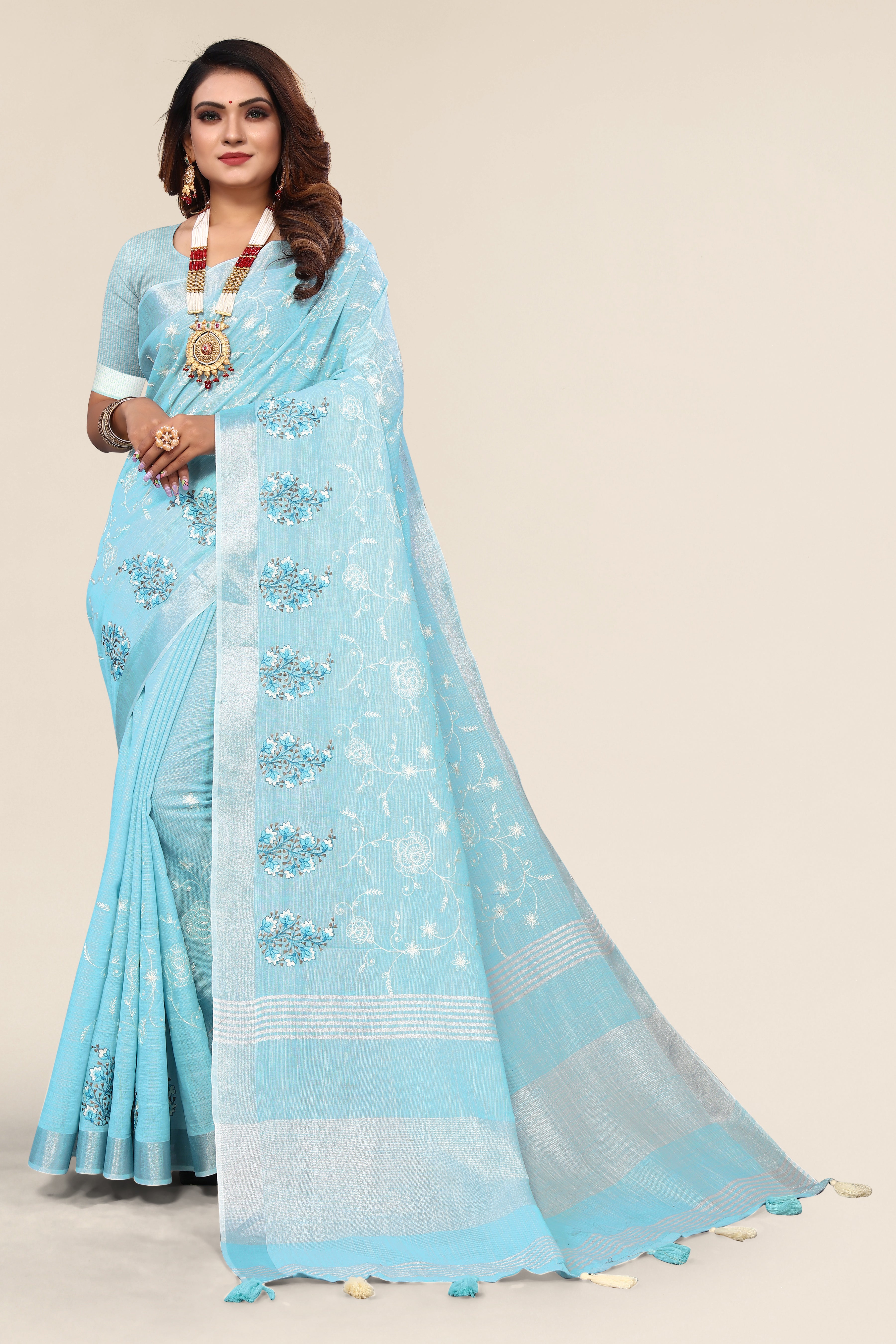 Sky Blue Linen Cotton Embroidery Saree