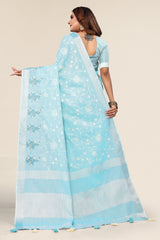 Sky Blue Linen Cotton Embroidery Saree