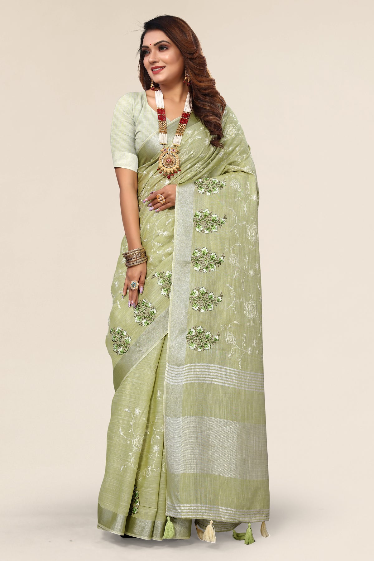 Pista Green Linen Cotton Embroidery Saree