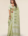 Pista Green Linen Cotton Embroidery Saree