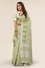 Pista Green Linen Cotton Embroidery Saree