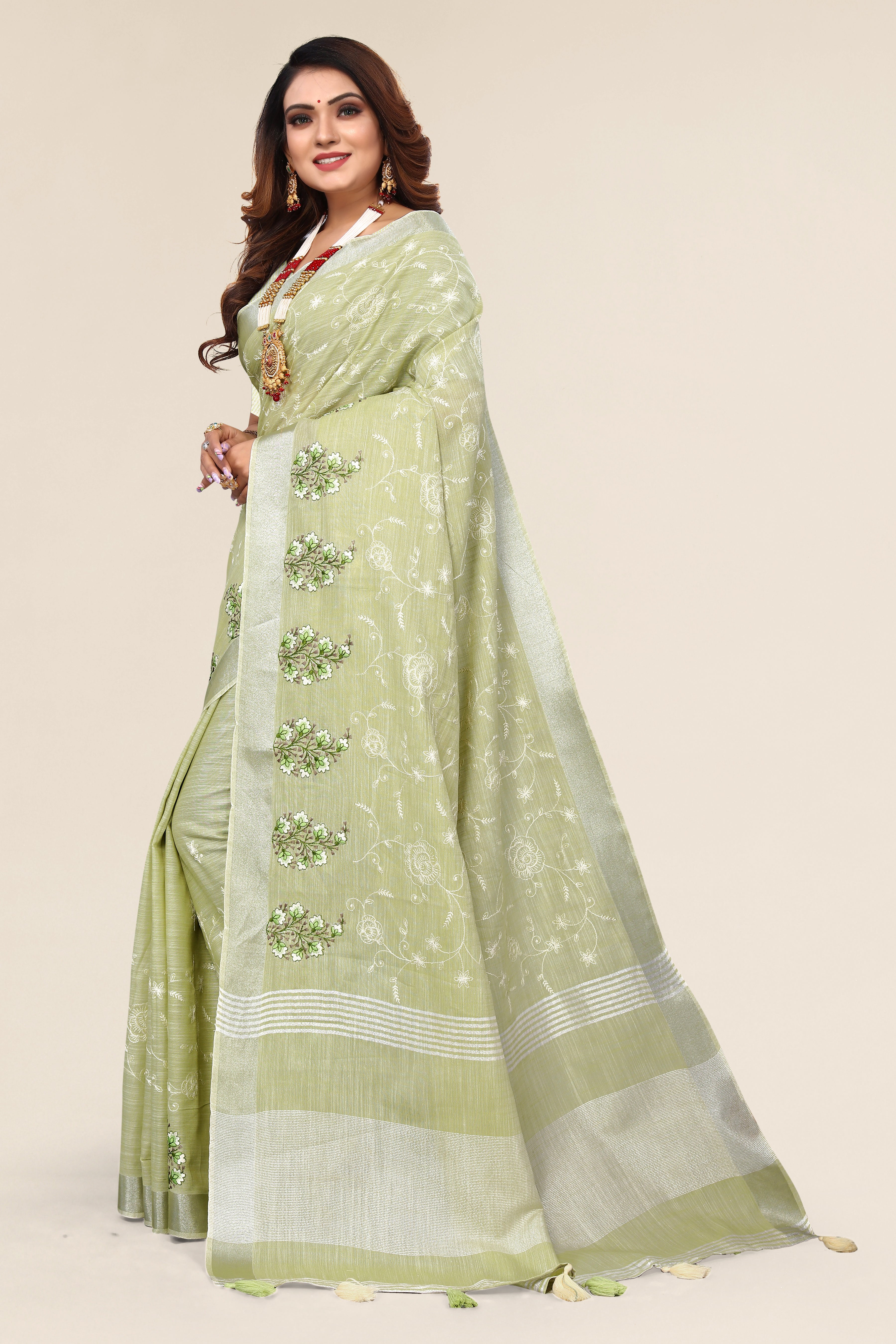 Pista Green Linen Cotton Embroidery Saree