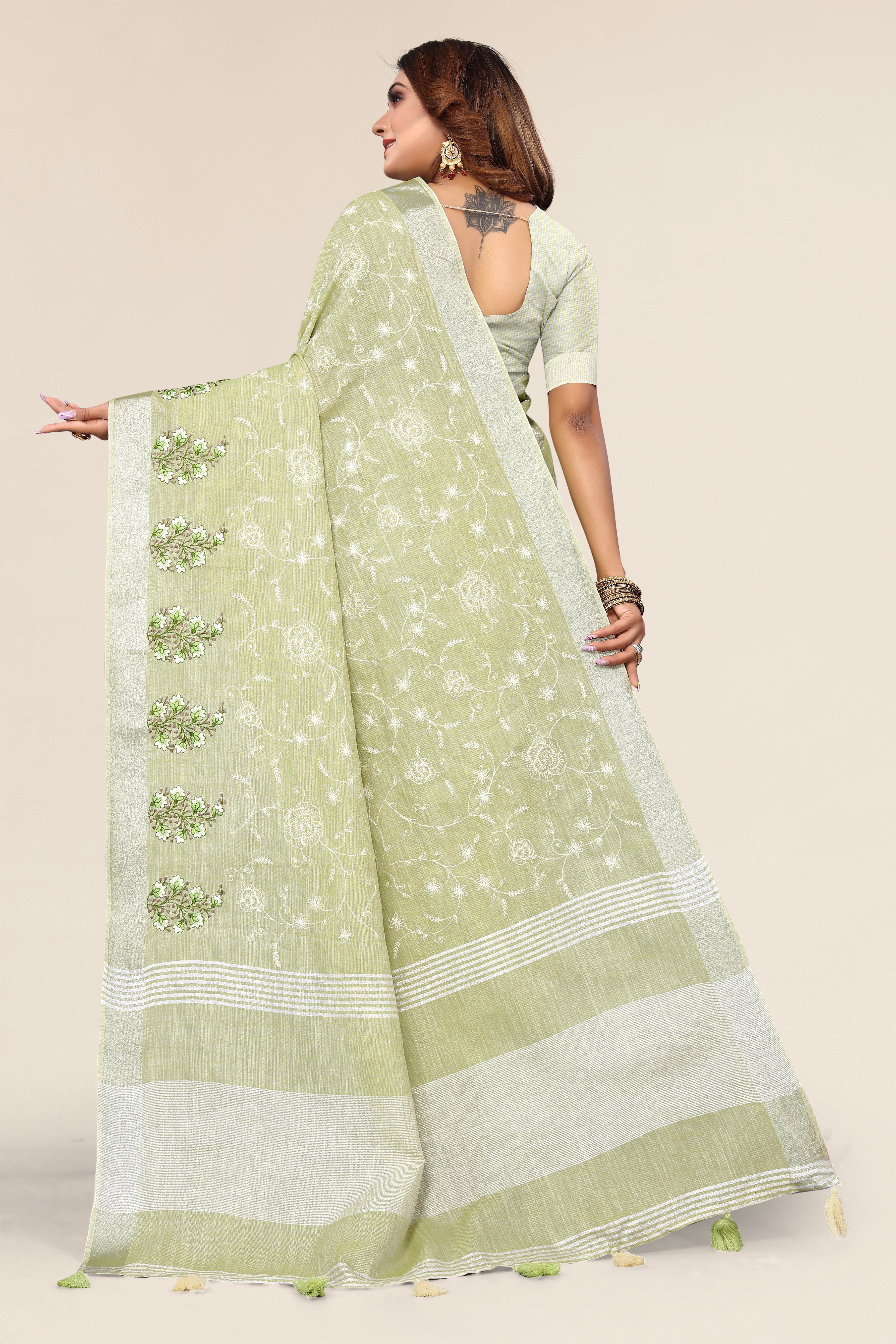 Pista Green Linen Cotton Embroidery Saree