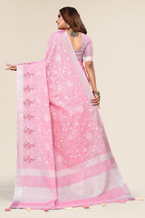 Baby Pink Linen Cotton Embroidery Saree