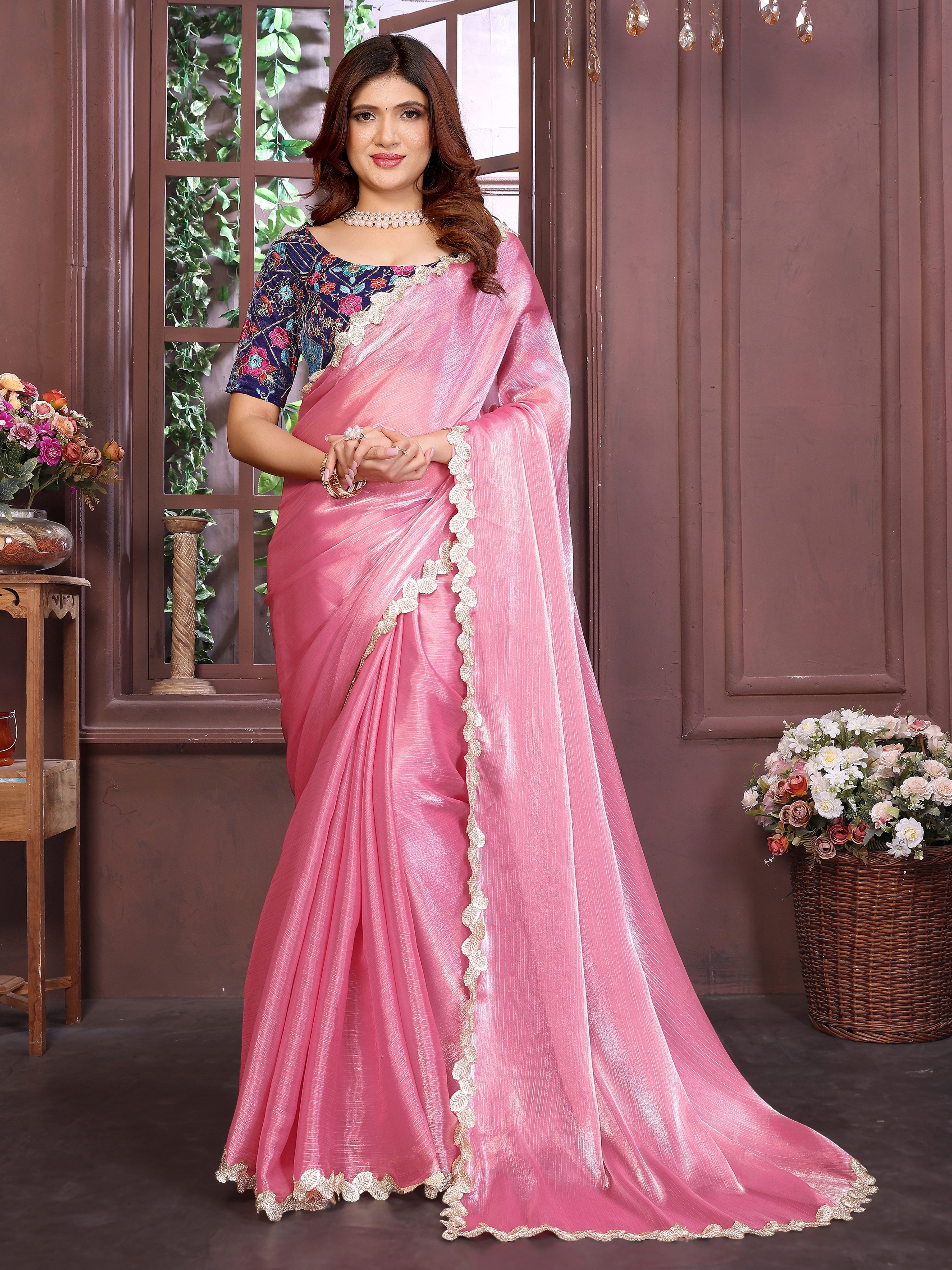 Pink Satin silk sequence lace work saree