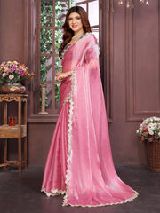Pink Satin silk sequence lace work saree