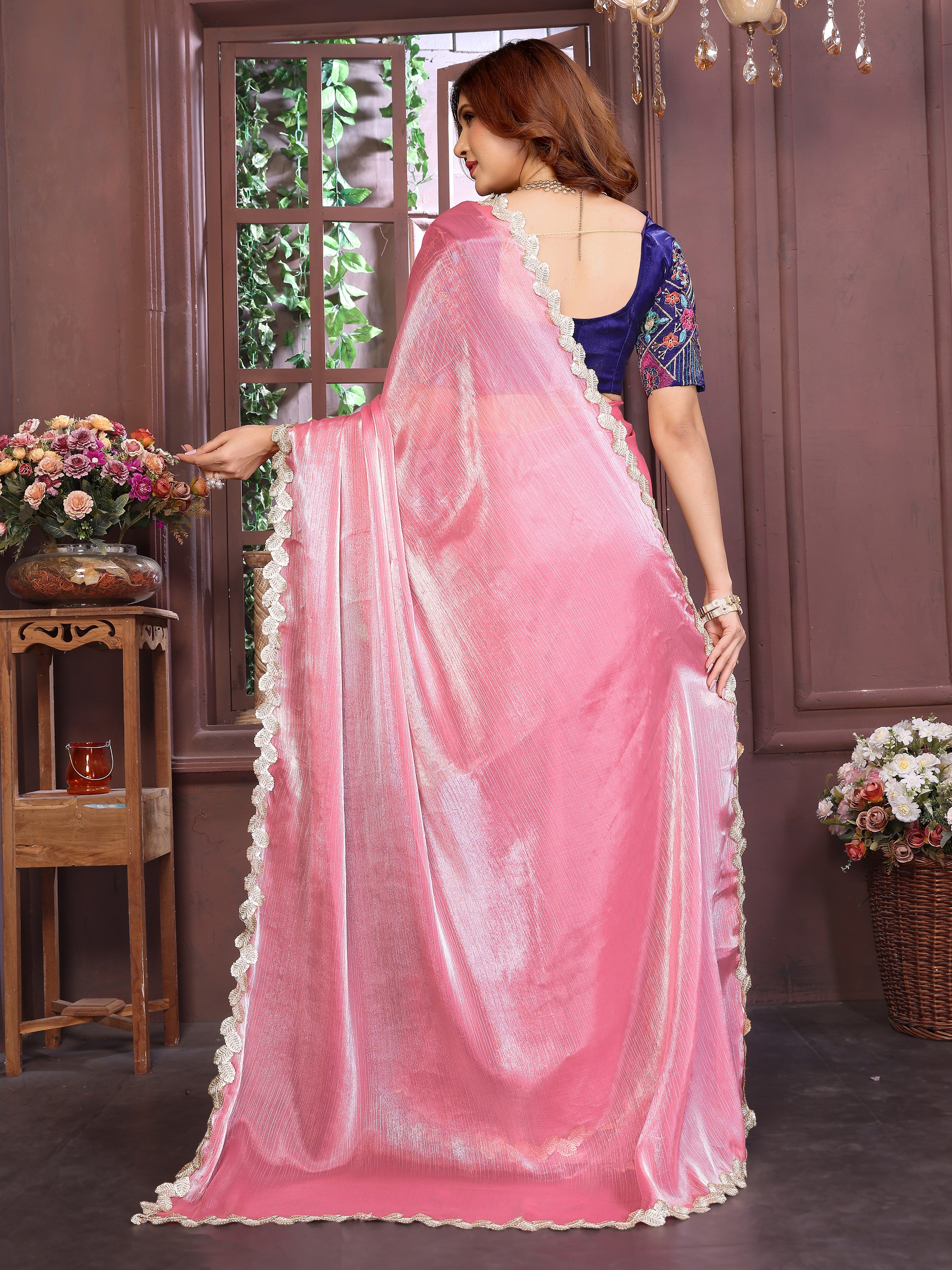 Pink Satin silk sequence lace work saree