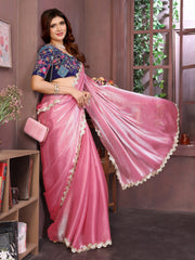 Pink Satin silk sequence lace work saree