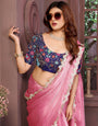 Pink Satin silk sequence lace work saree
