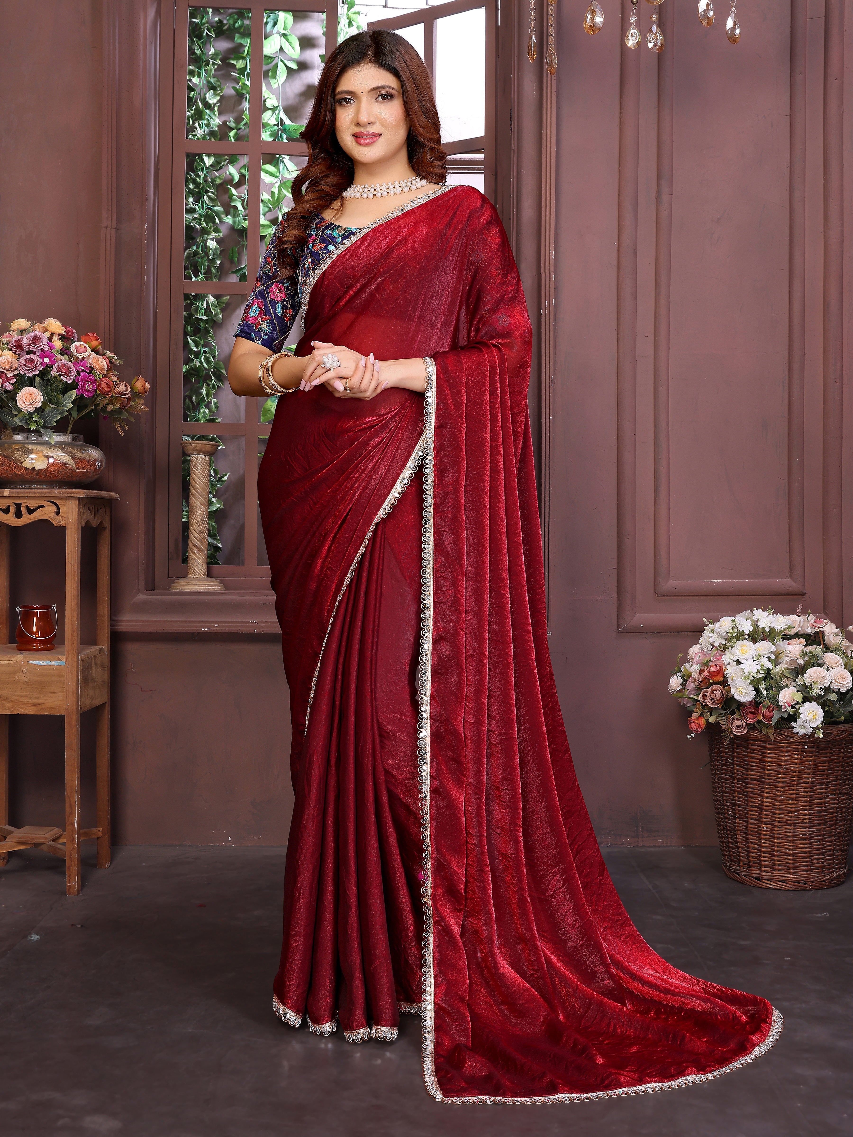 Red Satin silk Mirror Work Saree