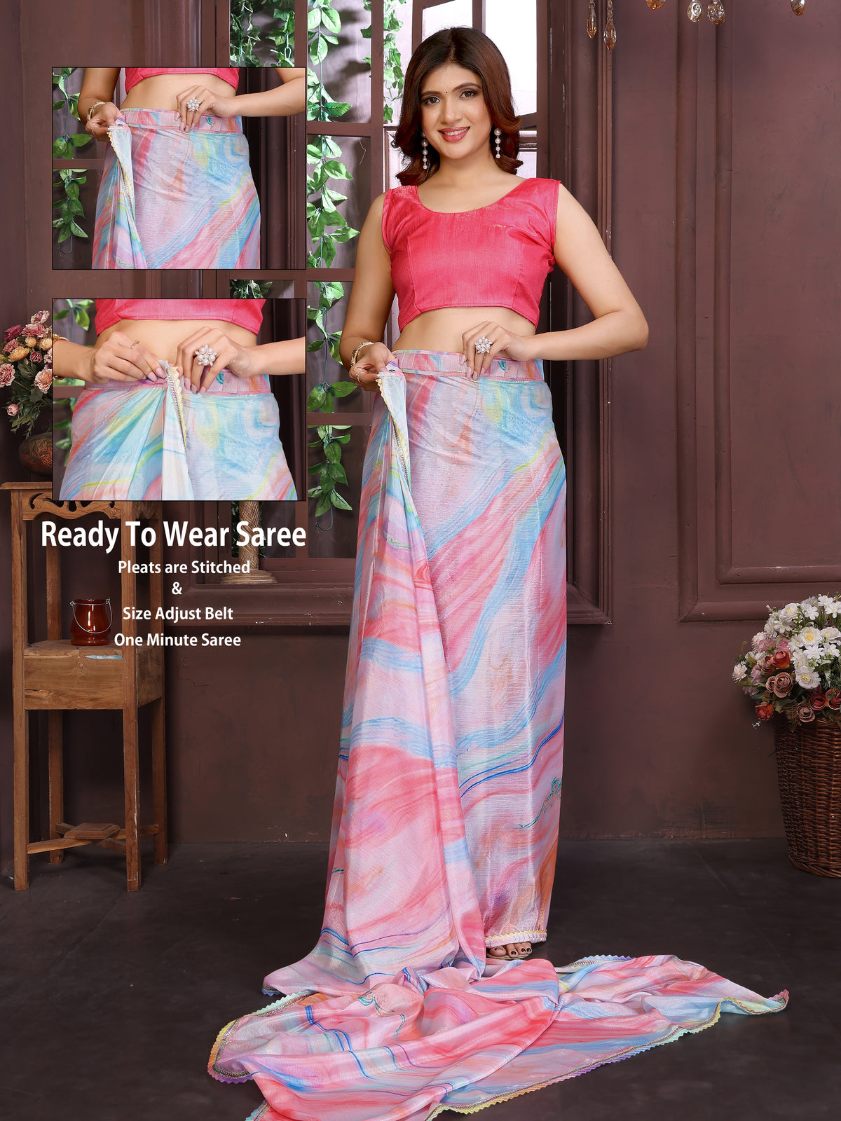 Pink Ready To Wear Shibori Print Saree