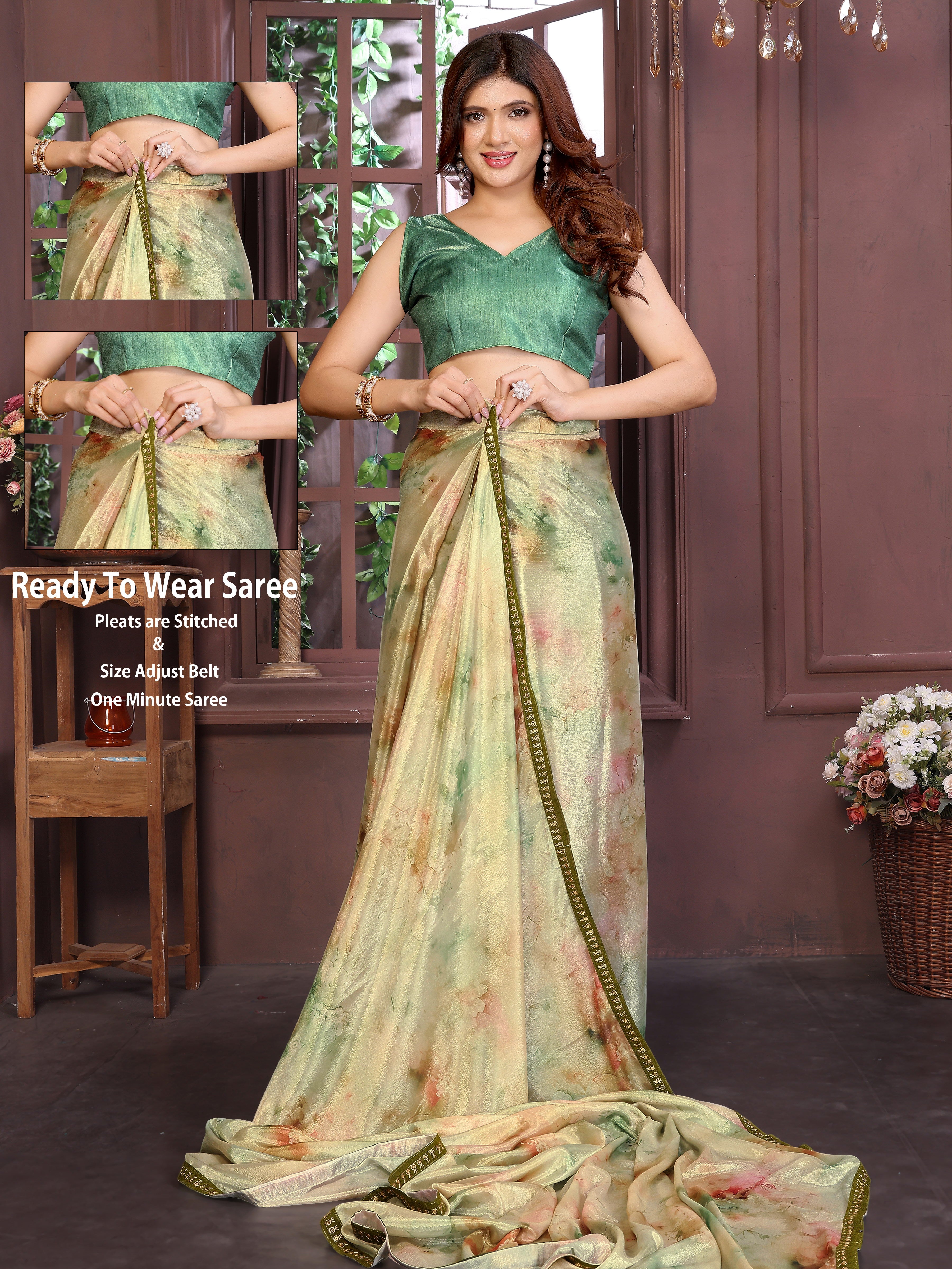 Sea Green Ready To Wear Shibori Print Saree Main image