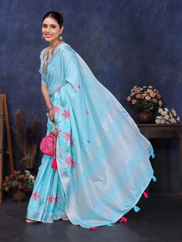 Blue Linen Embroidery Saree