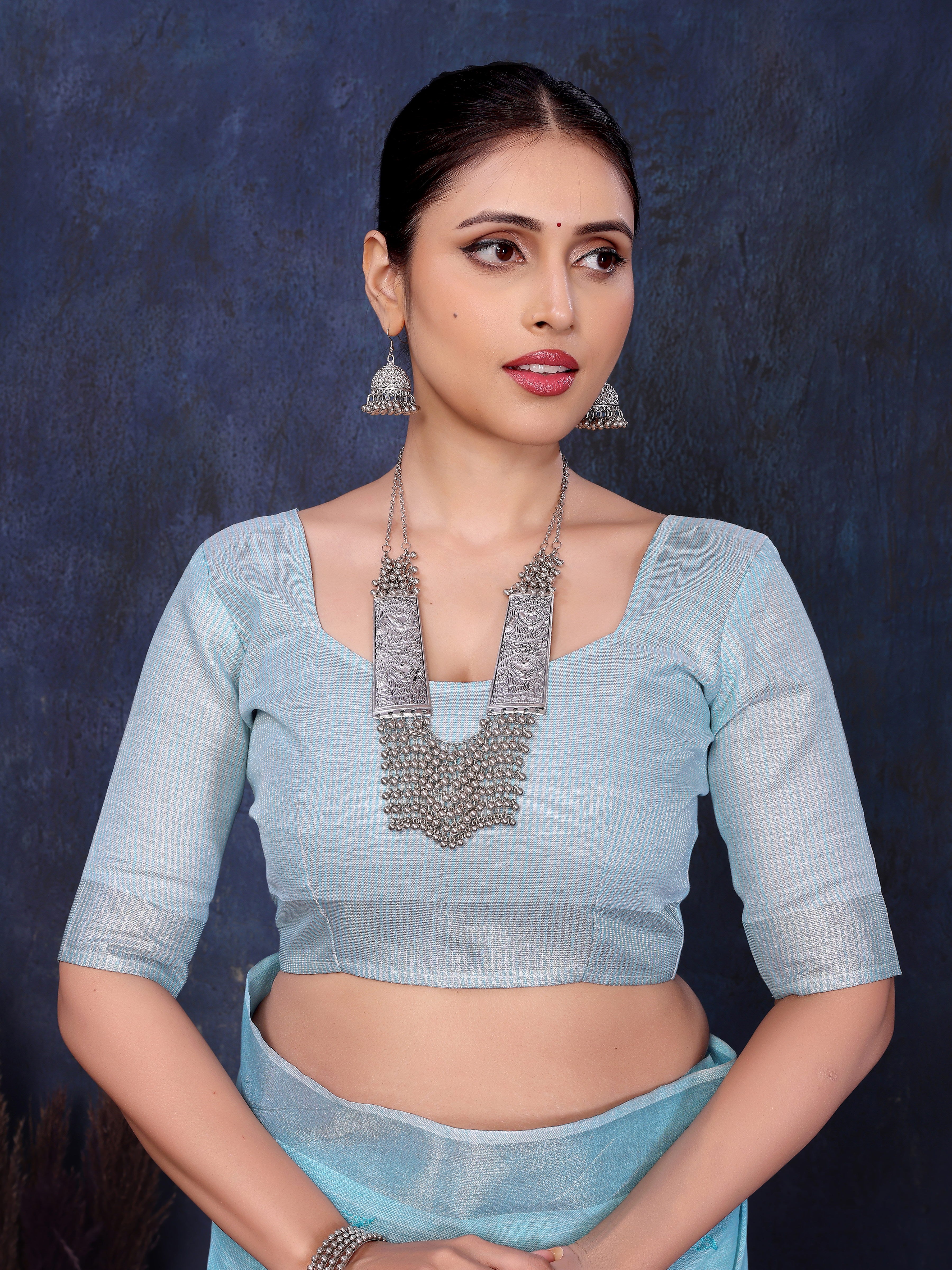 Blue Linen Embroidery saree