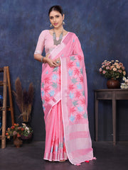 Pink Linen Embroidery saree