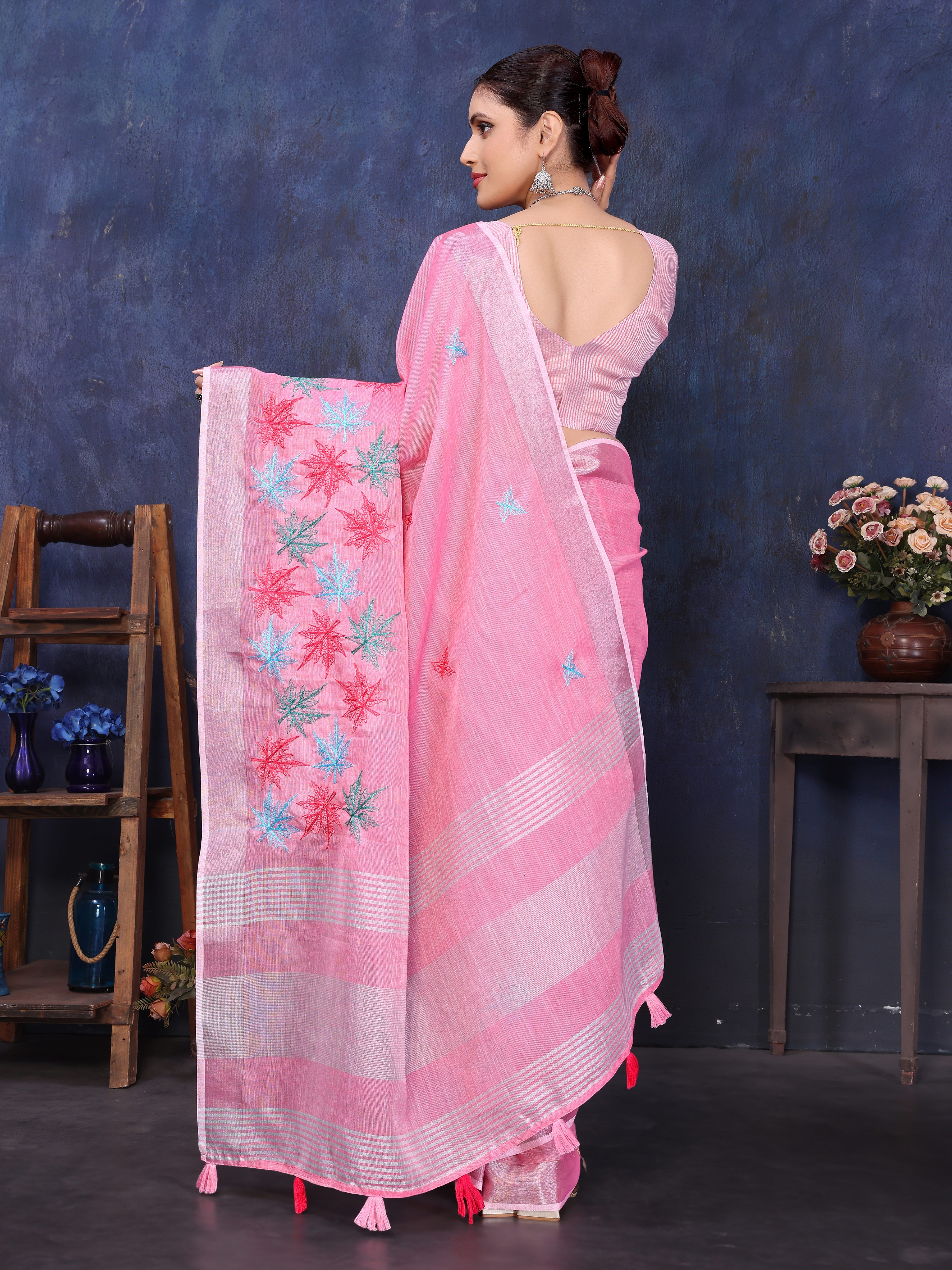 Pink Linen Embroidery saree