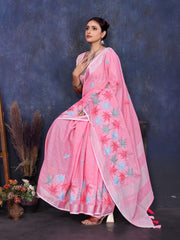 Pink Linen Embroidery saree