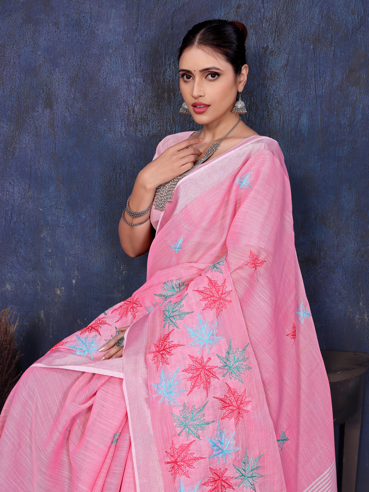 Pink Linen Embroidery saree