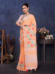 Orange Linen Embroidery saree