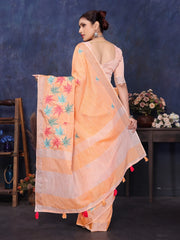 Orange Linen Embroidery Saree