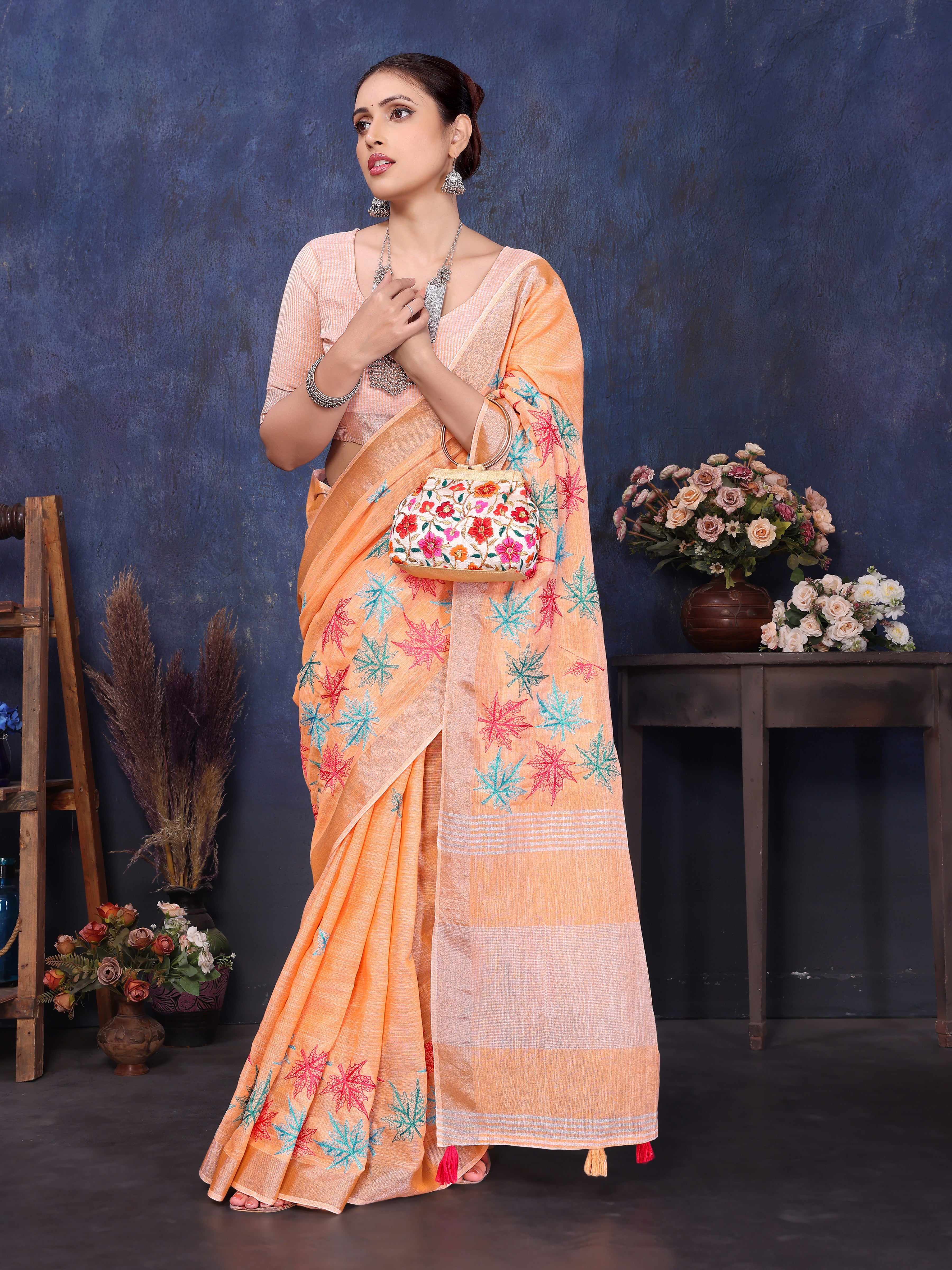 Orange Linen Embroidery saree