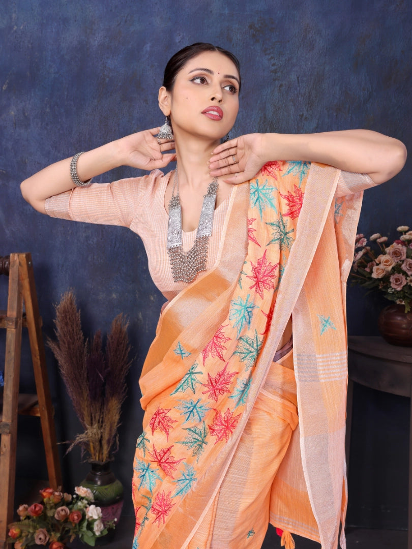Orange Linen Embroidery Saree