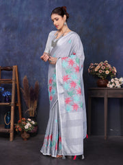 Grey Linen Embroidery saree