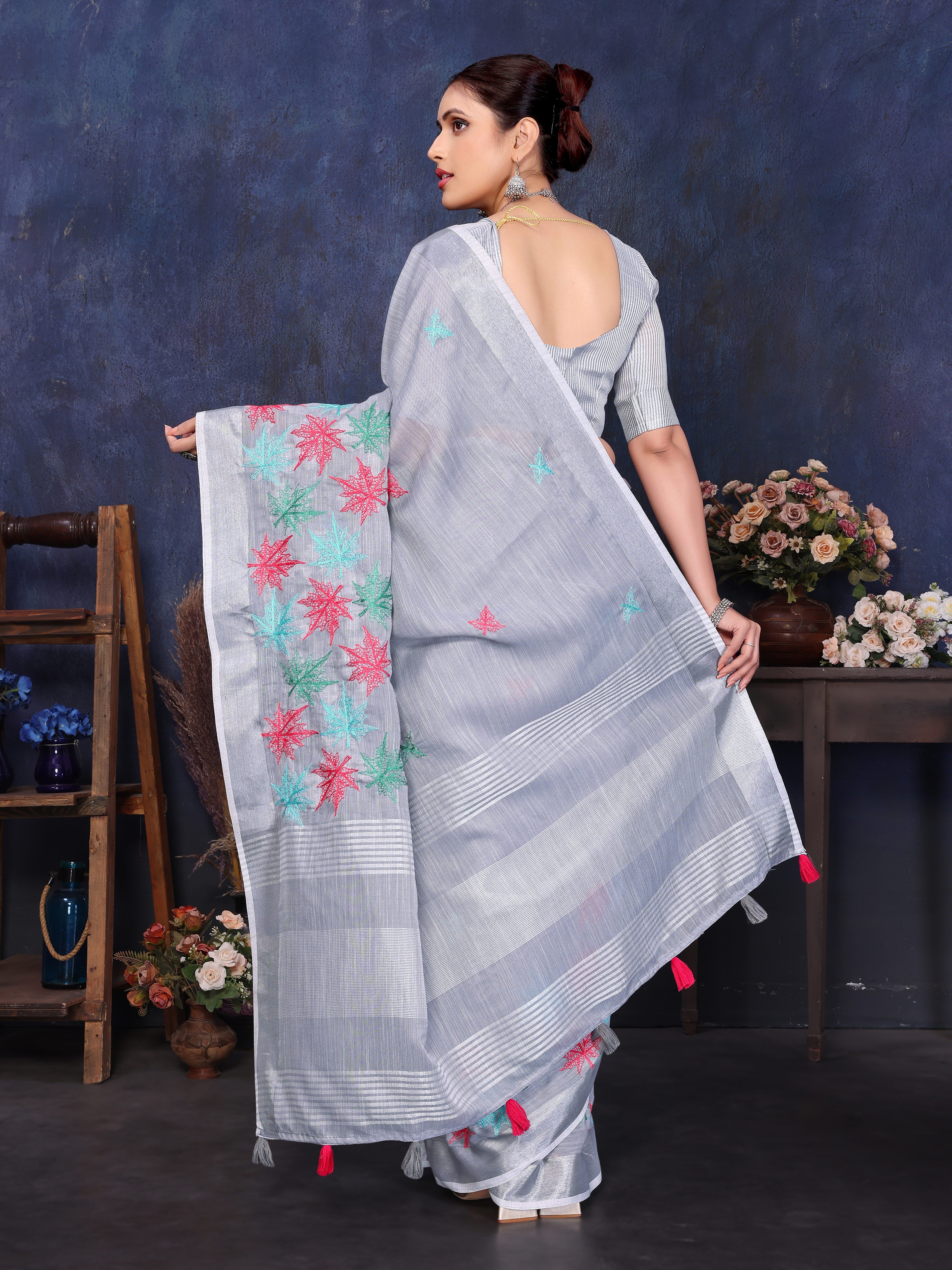 Grey Linen Embroidery saree