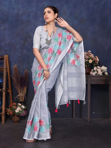 Grey Linen Embroidery Saree