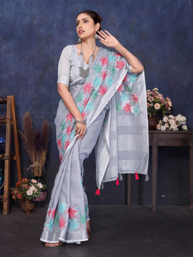 Grey Linen Embroidery Saree
