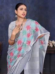 Grey Linen Embroidery saree