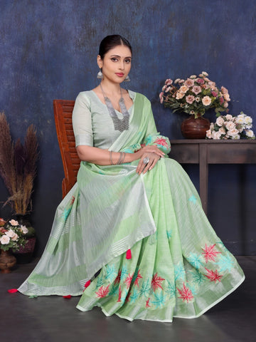 Green Linen Embroidery Saree