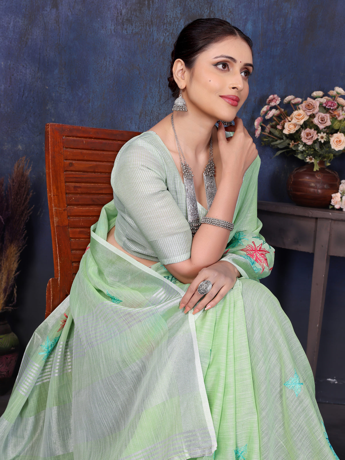 Green Linen Embroidery saree