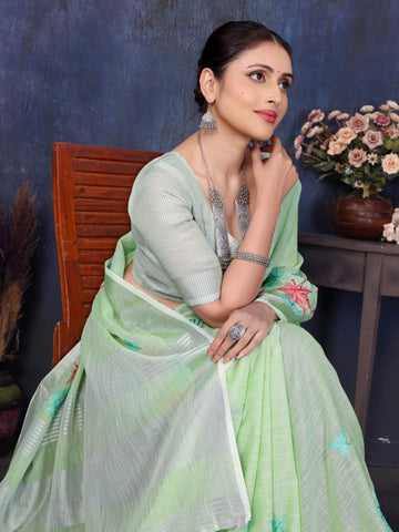 Green Linen Embroidery Saree