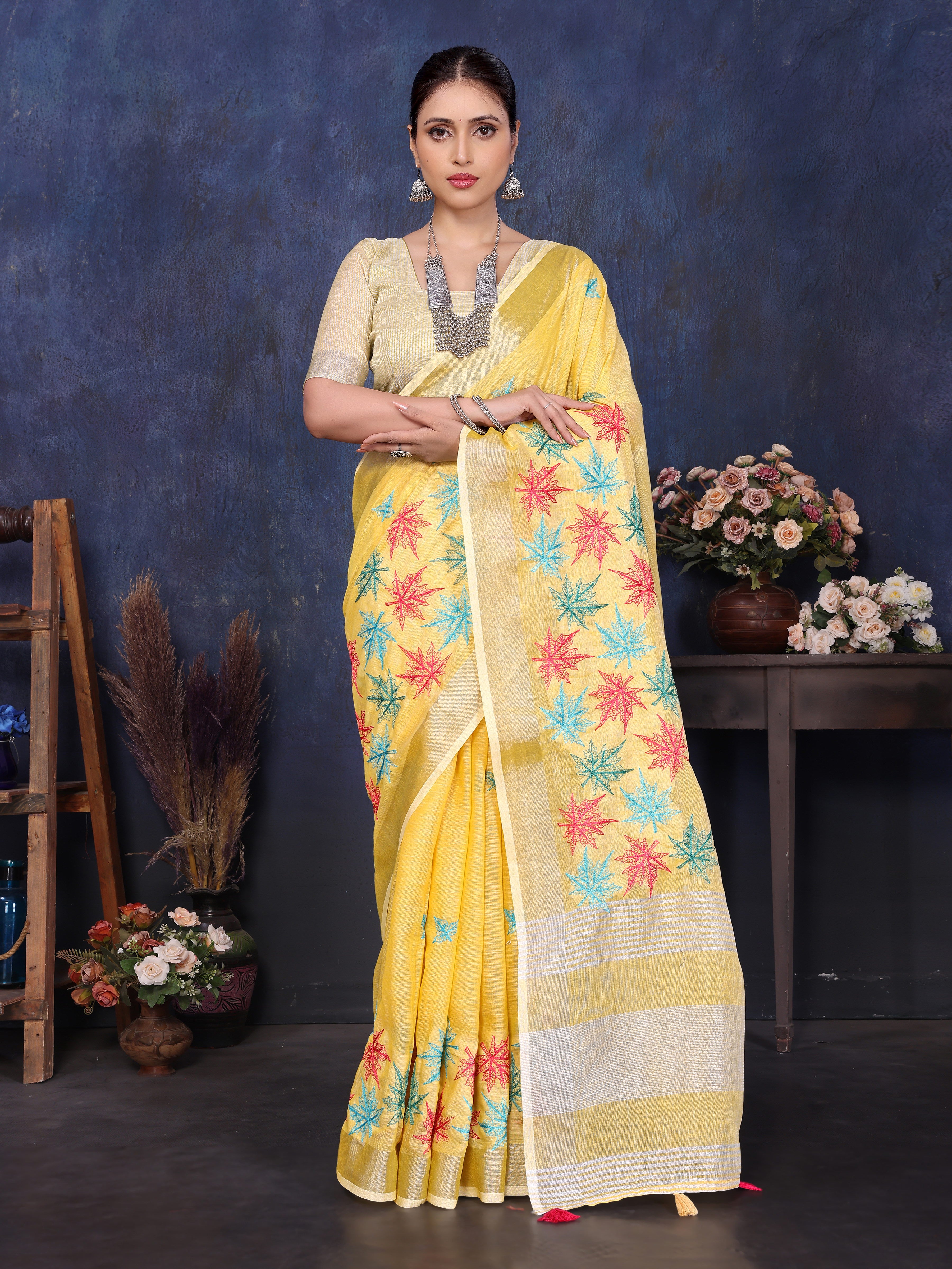 Yellow Linen Embroidery saree