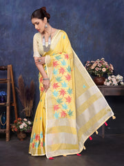 Yellow Linen Embroidery Work Saree