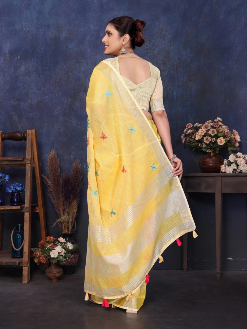 Yellow Linen Embroidery Work Saree