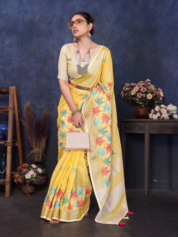 Yellow Linen Embroidery Work Saree